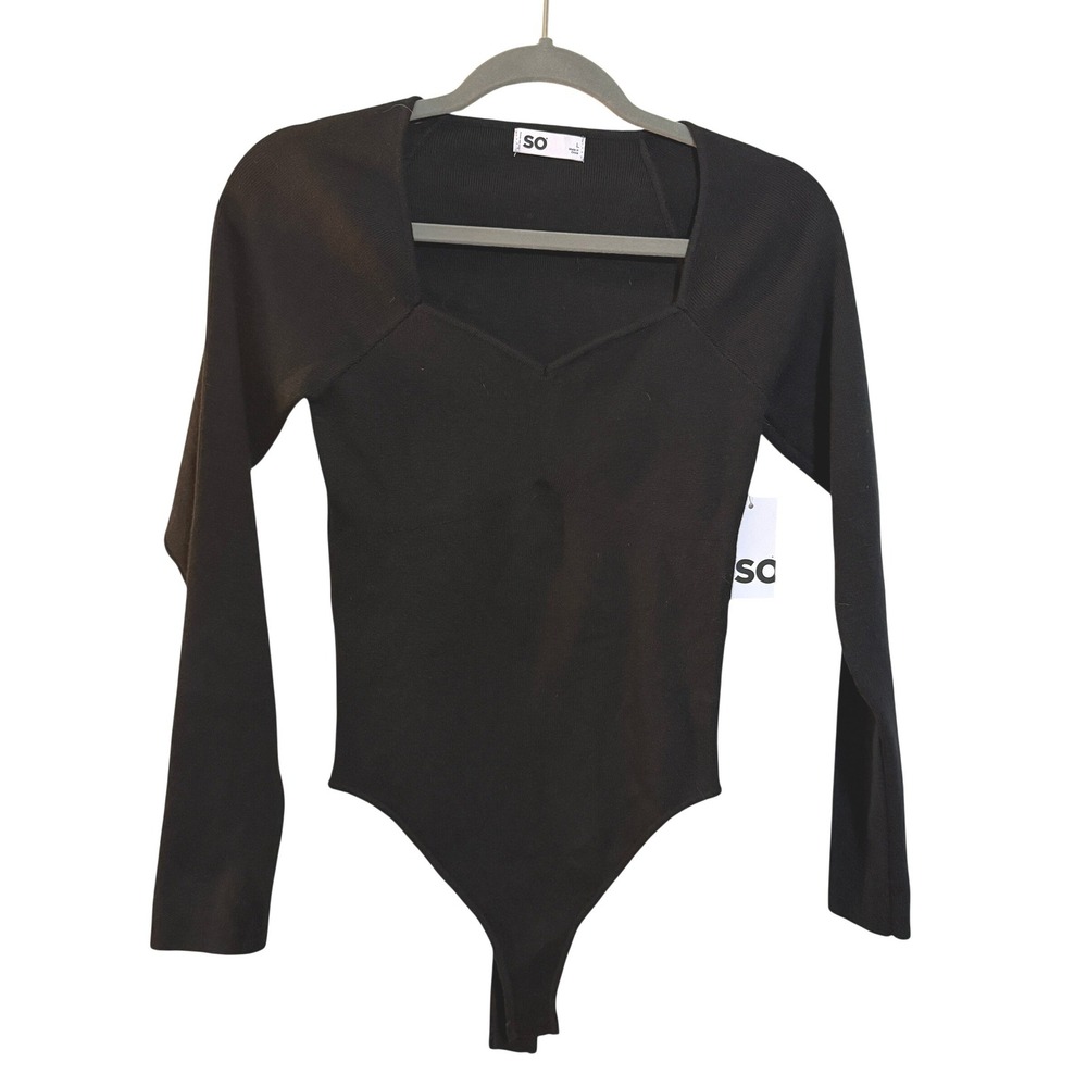 SO Long Sleeve Vneck Sweater Bodysuit‎ Womens L Black Ribbed Knit JG43S768RS